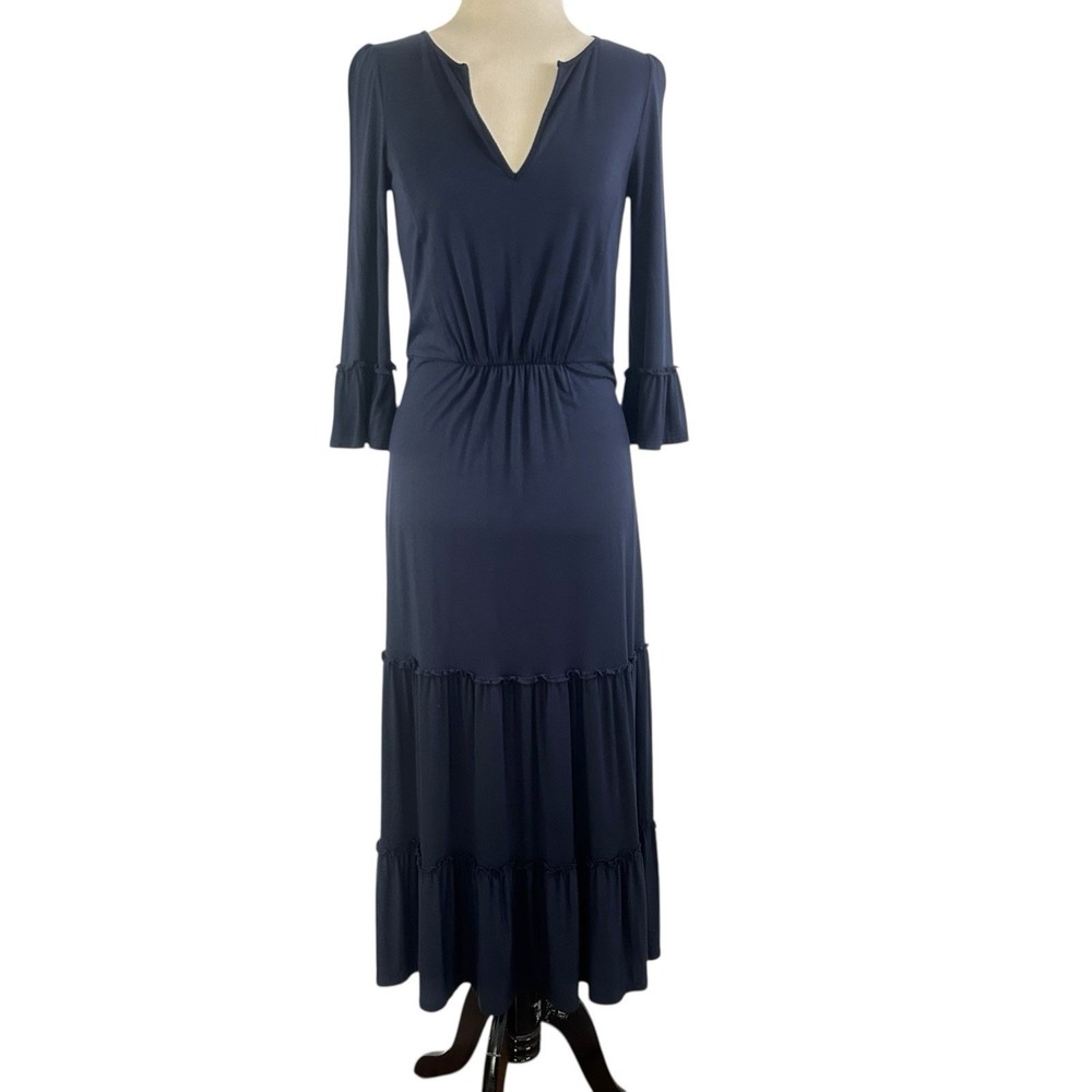 BODEN Jersey Knit Tiered Midi DRESS 4 Navy Blue Ruffle Preppy Bell 3/4 Sleeve